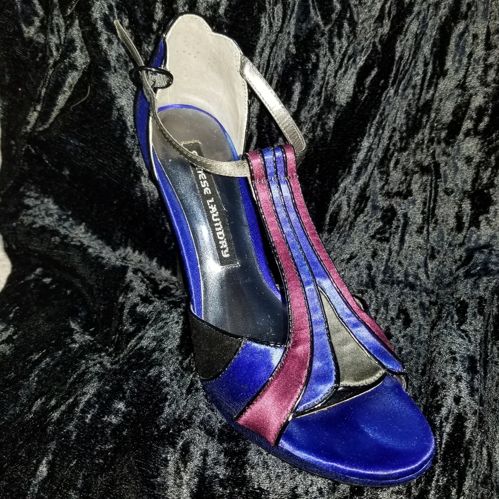 Chinese Laundry satin peacock ankle strap heels